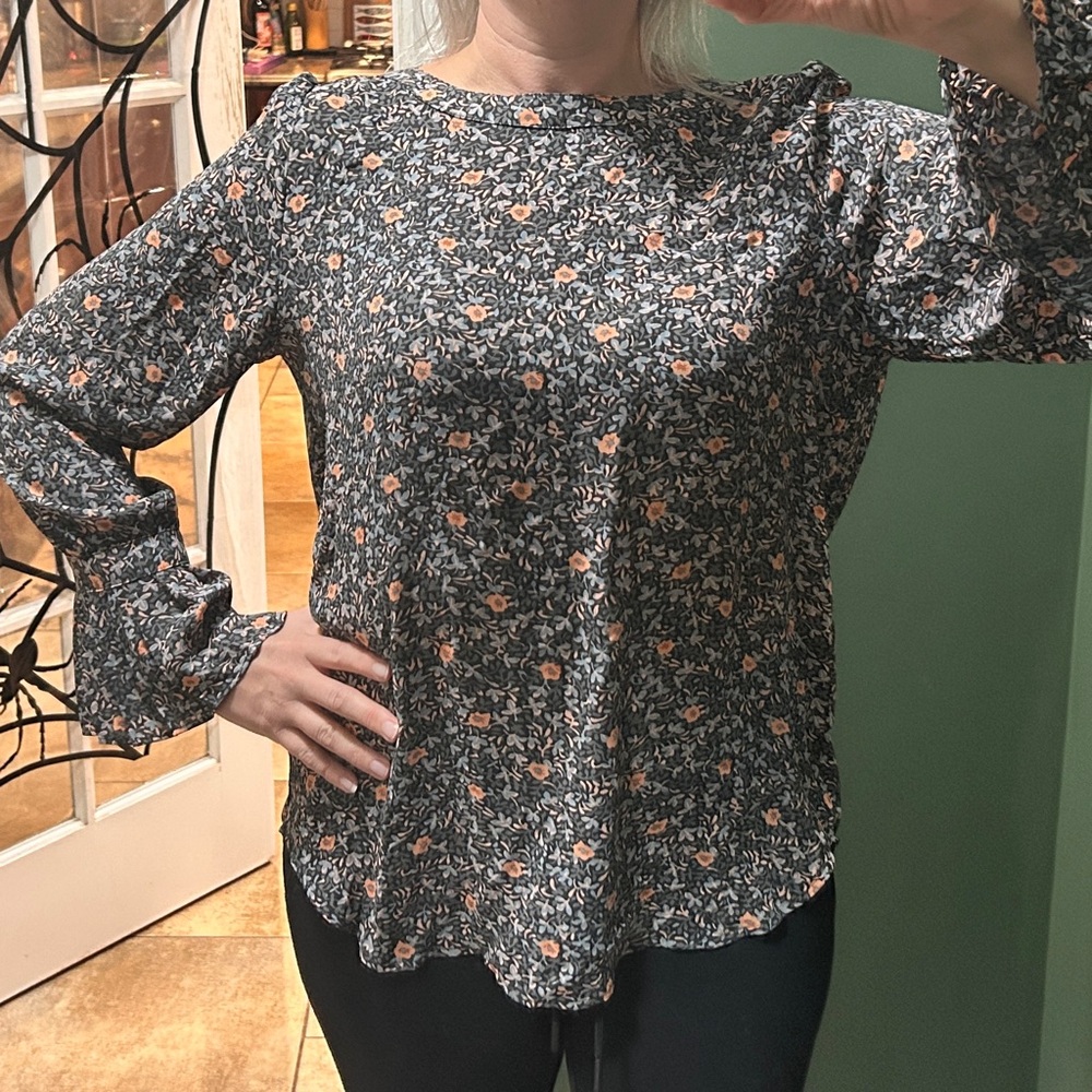 LOFT Blue and Grey Floral Blouse with Peach Accents